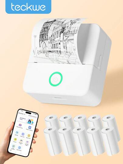 Teckwe Mini Printer, Inkless Sticker Maker, Free Cut Small Pocket Printer, Portable Thermal Printer For Photo Journal Notes Memo,Timy Print App Phone Connection With Thermal Printing Paper For Halloween DIY Decoration, Christmas Gift Back To School