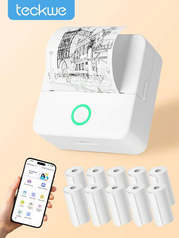 Teckwe Mini Printer, Inkless Sticker Maker, Free Cut Small Pocket Printer, Portable Thermal Printer For Photo Journal Notes Memo,Timy Print App Phone Connection With Thermal Printing Paper For Halloween DIY Decoration, Christmas Gift Back To School