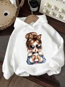 卡通女孩图案连帽羊毛卫衣，罗纹袖口 - 白色 - 查看 1