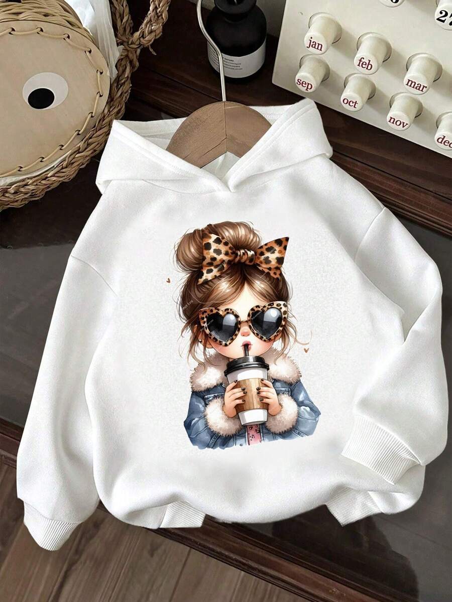 卡通女孩图案连帽羊毛卫衣，罗纹袖口 - 白色 - 查看 1