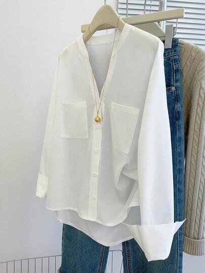 Franclia Women's Solid Color V-Neck Long Sleeve Pocket Design Loose Blouse