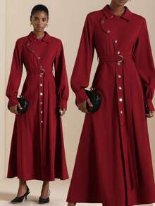 Lyxana Women's Elegant Collared Metal Button Decor Tie Waist Long Sleeve Dress - Red - View 1