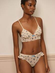 lacRébo Floral Mesh Lingerie Set With Ruffled Side Panty And Triangle Bralette Fall Women Clothes Autumn Outfits Floral Lingerie Set Floral Bra And Panty Set Boho Lingerie Set Lace Floral Bralette Cute Floral Underwear