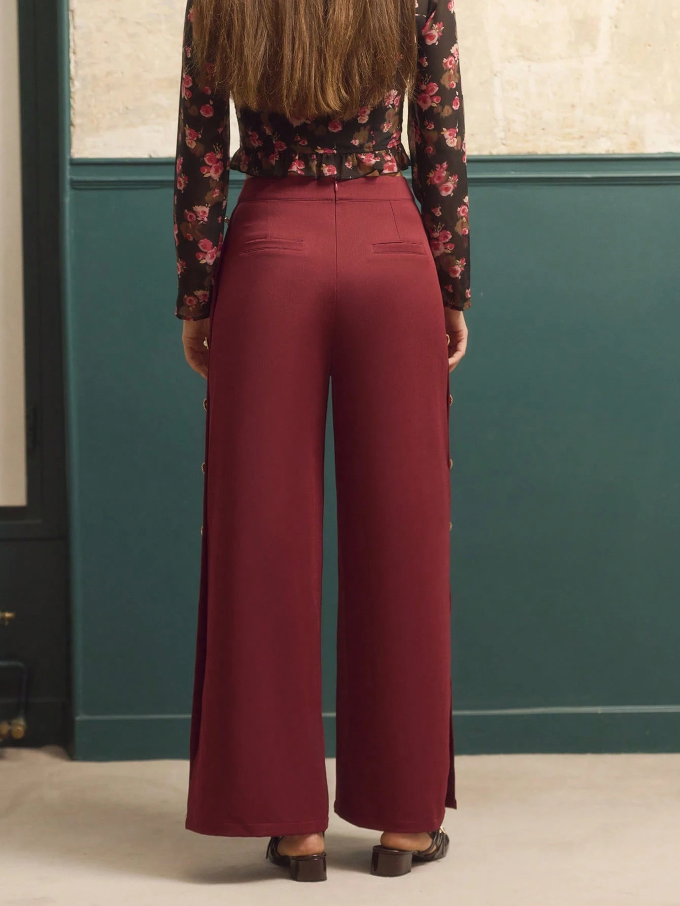 High-Waisted Wide-Leg Burgundy Pants With Gold Side Buttons And Adjustable Slits, Chic Fall-Winter Business Casual Pants Office Outfits