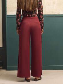 lacRébo Pantalon large taille haute bordeaux avec boutons dorés sur les côtés et fentes réglables, pantalon chic de bureau décontracté pour l'automne-hiver - Tabac - Voir 2