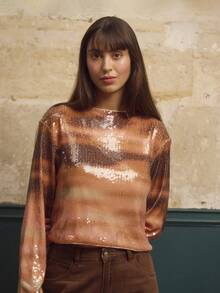 lacRébo Pink And Brown Gradient Sequin Cropped Sweater With Long Sleeves, Chic Fall-Winter Party Top Shiny Top Premium Sparky Top  New Year Party Outfits - Orange - View 8