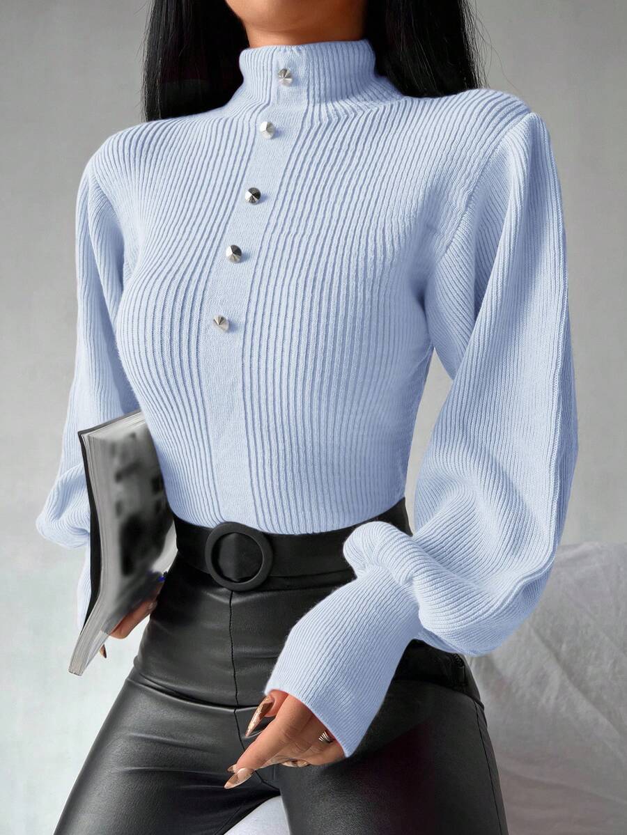 EURMUSE Pull col roulé décontracté avec boutons, automne/hiver pour femmes - Bleu ciel - Voir 1
