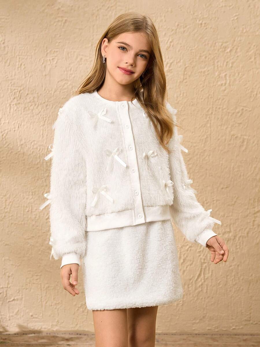 Girls' Sweet Fashion All White Winter Tea Party Outfit,Round Neck Long Sleeve Plush Fur Jacket With 3D Bow Design&High Waist Lamb Wool Short Skirt - White - View 1