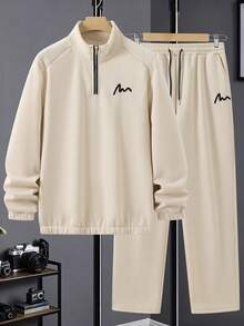 Manfinity Homme Men's Casual Long Sleeve Pullover Sweatshirt And Drawstring Pants Set, Fall Clothes - Beige - View 3