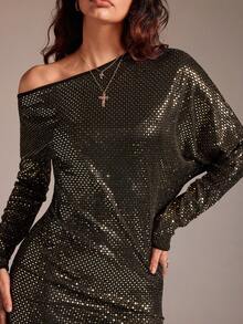 TRNVIE 1pc Women's Sequin Embellished Asymmetric Shoulder Bodycon Party Dress, Long Sleeve, Autumn - Black and Gold - View 7