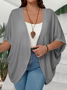 EMERY ROSE Plus Size Casual Solid Color Batwing Sleeve Jacket Shrug Plus Size - Grey - View 1