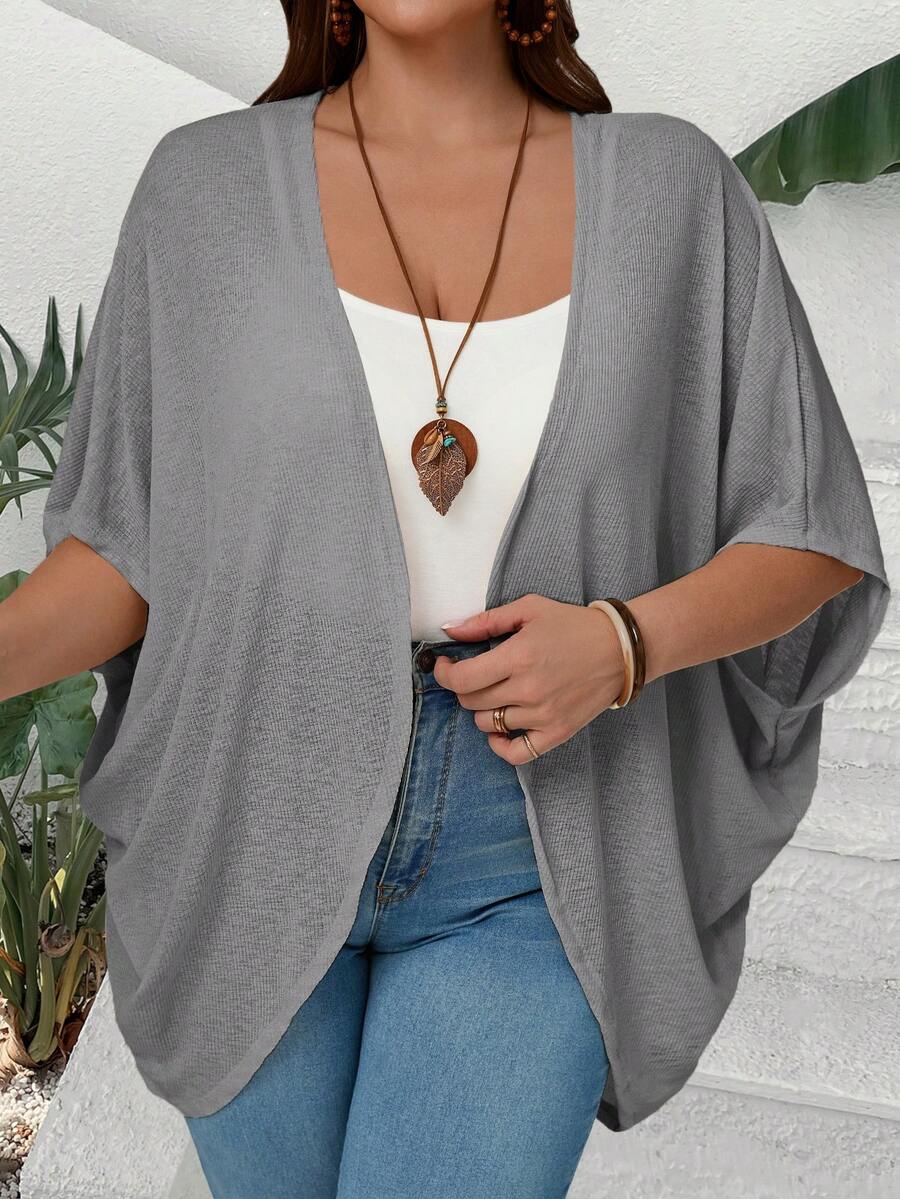 EMERY ROSE Plus Size Casual Solid Color Batwing Sleeve Jacket Shrug Plus Size - Grey - View 1