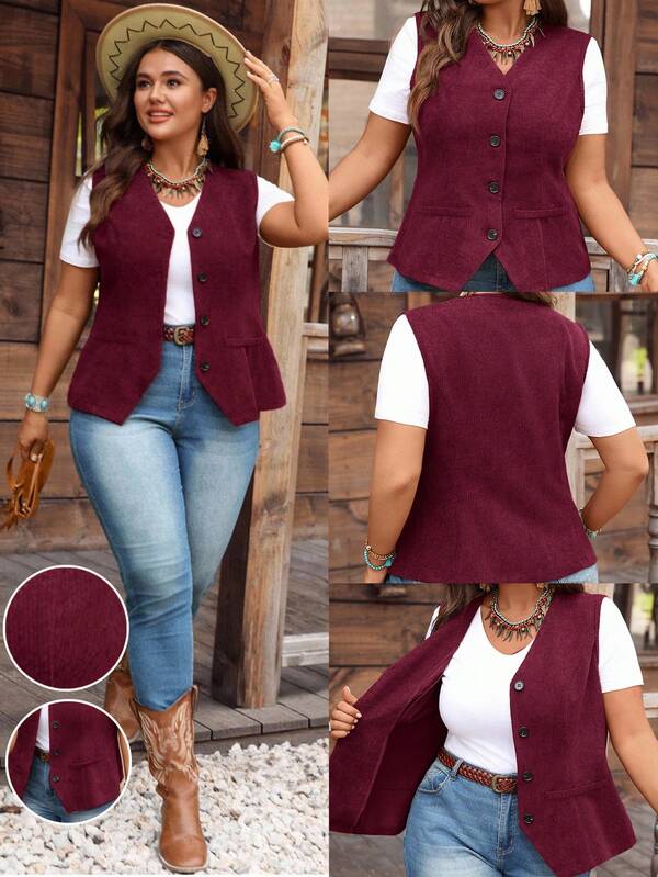 EMERY ROSE Chaqueta tipo chaleco de mujer de talla grande, de un solo pecho, de pana dunicolordo, estilo occidental, chaleco de mujer para otoño e invierno