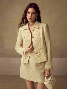 MOTF PREMIUM TWEED CONTRAST LACE OVERCOAT - Yellow - View 3