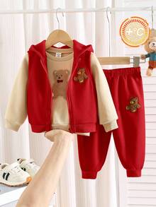SHEIN Conjunto de 3 piezas para bebé niño: 1 pieza Chaleco con capucha con cierre de cremallera y peluche de oso informal y suelto, 1 pieza Pantalones deportivos de ajuste relajado, 1 pieza Suéter de cuello redondo a juego para uso casual, en el hogar u outdoor, otoño/invierno - Rojo - Ver 3