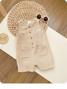 Newborn Baby Boy Apricot Sleeveless Casual Romper Jumpsuit, Suitable For Birthday Party, Formal Gatherings, Performances, Weddings, Full Moon Celebration, Baptism And First Birthday Party, Summer - Apricot - View 2