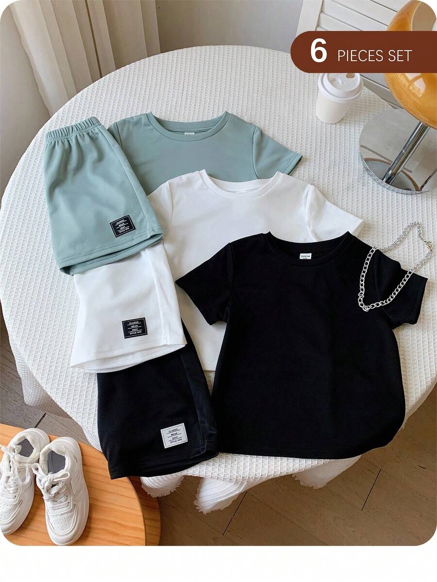 6pcs/Set Baby Boy/Girl Cute Solid Color Letter Print Short Sleeve T-Shirt & Elastic Waist Shorts 6pcs Basic Outfit Set, Spring/Summer - Multicolor - View 1