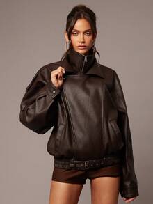 Silquee 女式休闲时尚街头时尚 PU 皮革拉链扣带下摆夹克，秋冬 - 棕色 - 查看 1