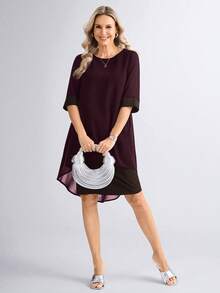 Miaspire Elegant Solid Color Chiffon Mid-Length Dress For Women, Spring/Summer - Brown - View 4