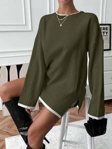 EURMUSE Casual Minimalist Loose Fit Everyday Versatile Round Neck Long Sleeve Pullover Sweater - Army Green - View 5