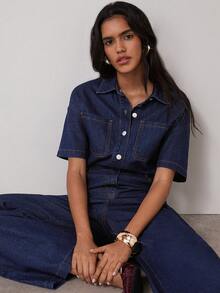 COSMINA 女士时尚纽扣装饰短袖牛仔连体裤 - 藏蓝色 - 查看 7