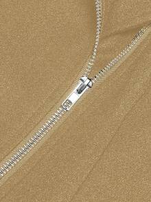 EMERY ROSE 大码女士复古优雅多拉链装饰外套，百搭 - 卡其色 - 查看 3