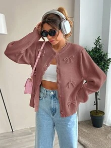 Cárdigan casual con borde de concha decorado con moño de unicolor para otoño/invierno - Rosa Oxidada - Ver 3