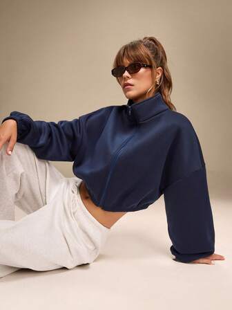 Hanevo Chaqueta corta suelta de cuello alto con cremallera, hombros caídos, unicolor, casual y para uso diario, para otoño/invierno