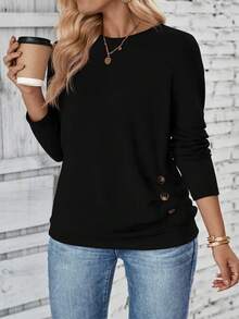 EMERY ROSE Autumn/Winter Casual Black Long Sleeve Vintage Round Neck Ruched Hem Button Down Plus Size T-Shirt - Black - View 4