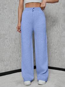 SHEIN Tall Damen einfarbige minimalistische Strickhose mit Kordelzug in der Taille, für den Alltag, burgunderrote Hose, für große Frauen - Babyblau - Übersicht 4