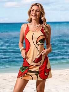 Sylviya Women's Round Neck Digital Print Sleeveless Summer Dress Love - Red - View 3