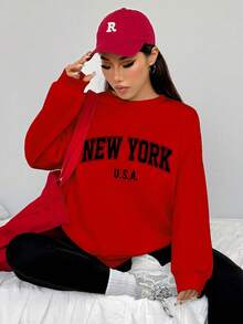 SHEIN EZwear 2 件纽约图案印花宽松圆领运动衫和紧身打底裤套装，春秋 - 彩色 - 查看 4
