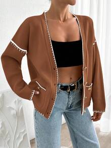 EURMUSE Women Solid Color Deep V-Neck Handmade Stitch Detailed Cardigan - Brown - View 3
