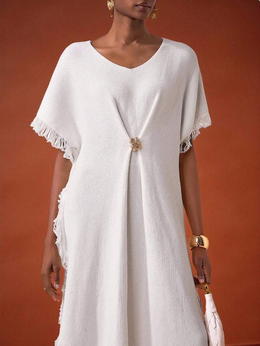 Zivah Vacation Casual Solid Color Fringe Decor Side Slit Knit Dress - White - View 1