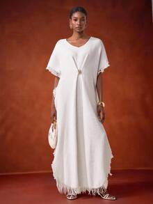 Zivah Vacation Casual Solid Color Fringe Decor Side Slit Knit Dress - White - View 12
