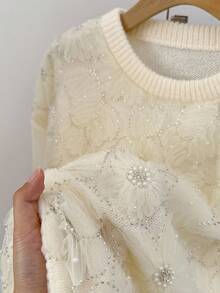 SHEIN Frenchy 秋冬新款珠饰拼布圆领毛衣 - 杏色 - 查看 7