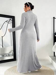 SHEIN EZwear 大码浅灰色纯色简约日常高领长袖连衣裙 - 淺灰色 - 查看 2