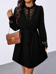SHEIN PETITE Petite Women Patchwork V-Neck Ruffle Tie Shirt Dress - Black - View 5