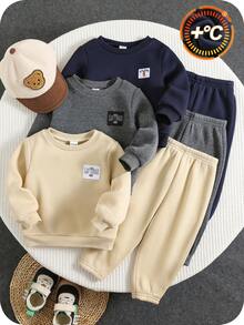 SHEIN 6pcs/Set Baby Boys Thermal Lined Crew Neck Sweatshirt&Jogger Pants Outfit Set,Navy Blue,Autumn,Modest,Evening Casual Unisex Winter Toddler Clothes - Multicolor - View 3