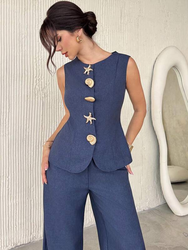 Firerie مجموعة بنطلون واسع الساق وأعلى مزود بإبزيم معدني غير متماثل للنساء قطعتان