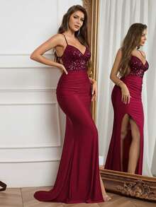 Glamine 吊带露背高腰亮片拼接高开衩长裙连衣裙毕业夏季连衣裙酒红色长裙女装 - 中紫紅色 - 查看 5