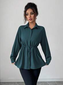 Elenzga 女士优雅法式办公室通勤街头风格实用衬衫，采用衬衫领、前襟、腰部抽绳、蝴蝶结长袖衬衫，适合春秋冬季 - 水鴨藍 - 查看 7