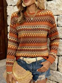 EMERY ROSE Bohemian Style Striped Pattern Printed Women's Casual Long Sleeve Sweatshirt  For Women - Multicolor - View 4