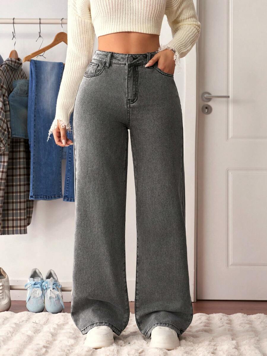 SHEIN Tall 女式休闲基本款宽松口袋牛仔裤 - 灰色 - 查看 1