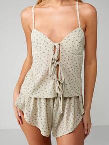 MISSGUIDED Ditsy Floral Tie Front Pajaja 女士睡衣套装休闲吊带背心短裤两件套睡衣 - 黑色 - 查看 3