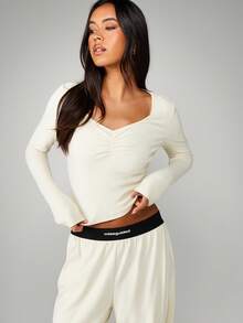 MISSGUIDED Cream Ribbed Lounge Set With Ruched Front Long Sleeve Top And Wide Leg Pants For Women Comfort Wear - Apricot - View 3
