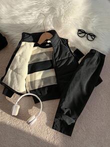 SHEIN 男童秋冬可爱休闲加厚保暖背心外套、条纹连帽卫衣和运动裤三件套运动服，适合室内、室外、日常、运动、玩耍、派对、拍照、度假、节日等场合。