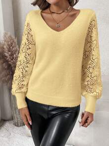 SHEIN Clasi 女士优雅V领撞色蕾丝长袖毛衣，秋冬 - 黃色 - 查看 3