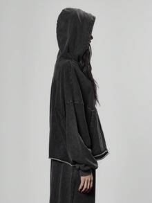 MUSERA Oversized Boxy Fit Washed Distressed Hem Hoodie Only  Streetwear Cool Night Out Everyday Sexy - Black - View 4