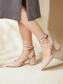 Zapato femenino recubierto nude, punta fina, tiras cruzadas ajustables, tacón grueso alto, estilo elegante, para oficina y fiesta - Rosa Pálido - Ver 3